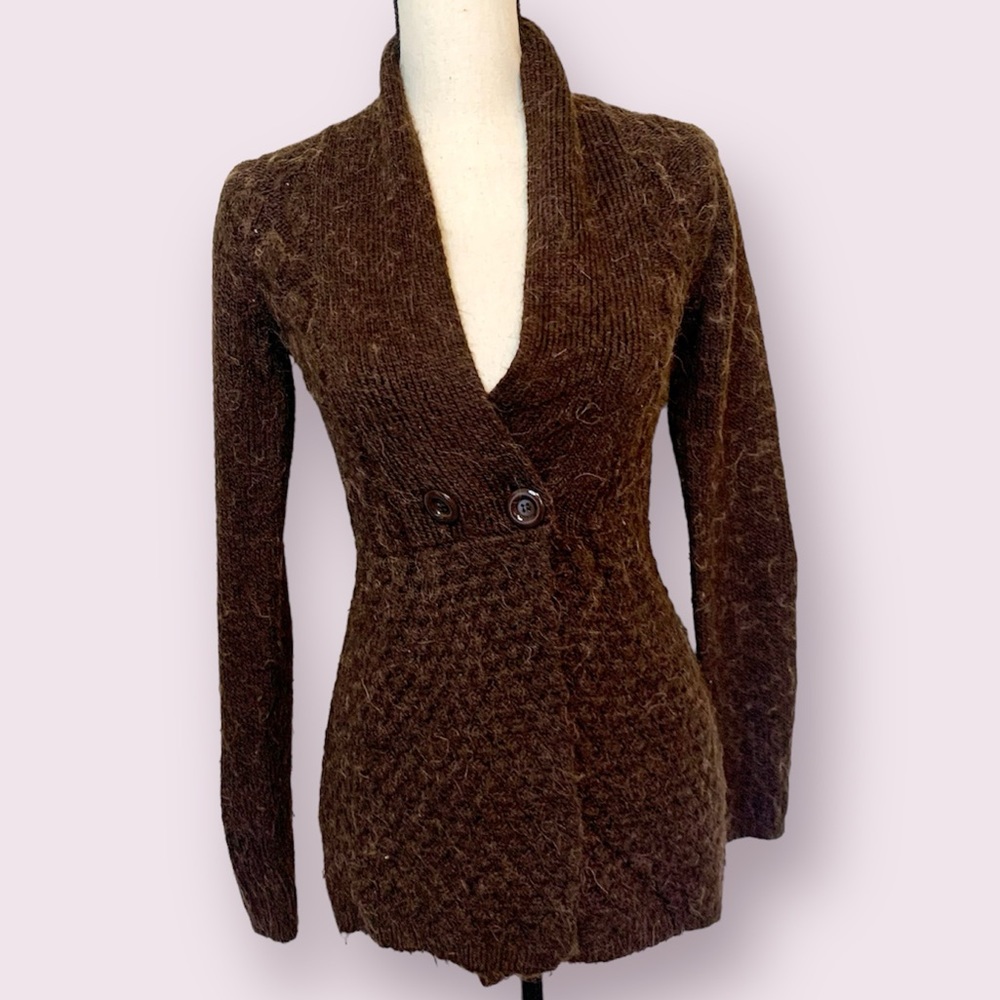 BCBGMaxazria Fitted Cardigan Sweater Blazer Fuzzy Knit Alpaca Blend Brown Small
